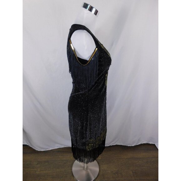Small Black Gold 1920s Flapper Fringe Dress Glam - Picture 9 of 11